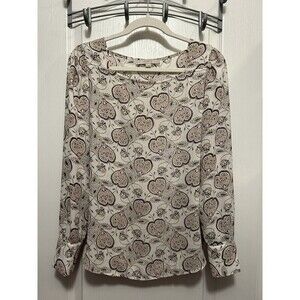 LOFT Floral Blouson Long Sleeve Blouse Top Pink Cream Square Neck‎ Size Small